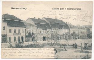 1909 Marosvásárhely, Targu Mures; Kossuth Park és Széchenyi tér, Peteli János, Nuridsányi János, Izmael Márton, Lichter G. és Dudutz Ferenc üzlete, szállítási vállalat. Hirsch Mór kiadása / park and square, shops (szakadás / tear)