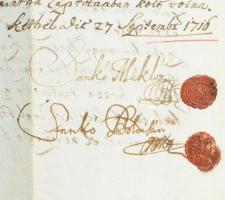 1716 Balatonőszödi föld eladásáról szóló magyar nyelvű szerződés aláírásokkal viaszpecsétekkel