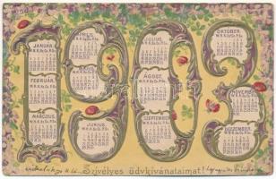 1902 Szívélyes üdvkívánataimat! 1903. Szecessziós dombornyomott újévi üdvözlőlap katicákkal és naptárral / New Year greeting art postcard with ladybugs and calendar. K. & B. D. Art Nouveau Emb. Floral (kis szakadás / small tear)