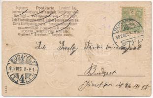 1902 Szívélyes üdvkívánataimat! 1903. Szecessziós dombornyomott újévi üdvözlőlap katicákkal és naptá...