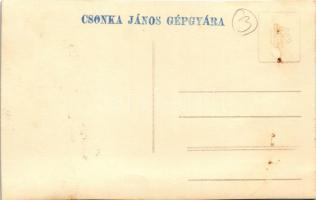 Csonka János Gépgyára rt. reklámlapja. Budapest XI. Kelenföld, Fehérvári út 50. (lyukak / pinholes)