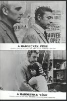 cca 1966 ,,A háborúnak vége című francia - svéd film jelenetei és szereplői (főszereplő Yves Montand és Ingrid Thulin), 7 db vintage produkciós filmfotó ezüst zselatinos fotópapíron, a használatból eredő (esetleges) kisebb hibákkal, 18x24 cm