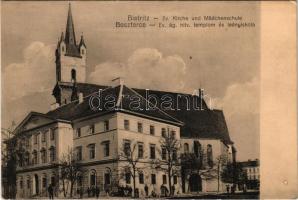 Beszterce, Bistritz, Bistrita; Ev. Kirche und Mädchenschule / Evangélikus templom és leányiskola. F. Stolzenberg kiadása / Lutheran church and girls&#039; school (EK)