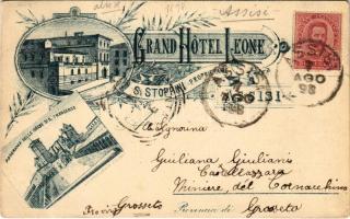 1898 (Vorläufer) Assisi, S. Stoppinis Grand Hotel Leone, Panorama delle Chiese di S. Francesco. Art Nouveau, floral (EK)