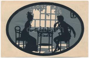 1922 Sakkozó pár. Sziluettes művészlap / Chess game, silhouette art postcard (EK)