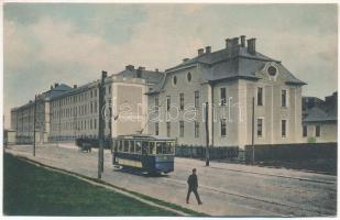 1915 Nagyszeben, Hermannstadt, Sibiu; K.u.K. Infanterie-Kadettenschule / Cs. és kir. gyalogsági hadapródiskola, villamos. Karl Graef kiadása / K.u.K. military infantry cadet school, tram (fl)