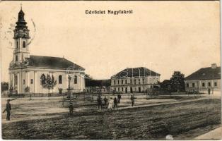 1914 Nagylak, Nadlac; Evangélikus templom, Takarékpénztár. Schillinger Jolán kiadása / Lutheran church, savings bank (EK)