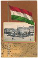 1901 Arad, Szabadságtér, piac, üzletek. Szecessziós magyar zászlós montázs / square, market, shops. Art Nouveau litho montage with Hungarian flag