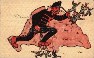 1917 Humoros első világháborús propaganda lap, osztrák-magyar krampusz katona az Antant hatalmak ellen. A Magyar Földrajzi Intézet Rt. kiadása / WWI Anti-Triple Entente propaganda card, Austro-Hungarian Krampus soldier s: Biró