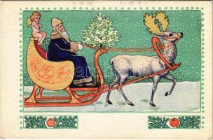 Karácsony, Mikulás rénszarvas szánon / Christmas art postcard, Saint Nicholas. B.K.W.I. 3081-3. s: List