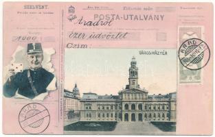 1906 Arad, Városháztér. Posta-Utalvány montázs postással. Kiadja Bloch H. / town hall square. Art Nouveau montage with postal order and postman (fl)