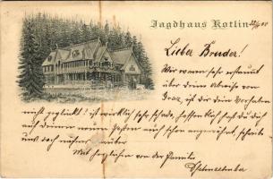 1908 Barlangliget, Höhlenhain, Tatranská Kotlina (Tátra, Magas Tátra, Vysoké Tatry); Jagdhaus Kotlin / hunting lodge / Vadászlak (EK)