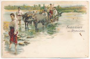 Salutari din Romania / Folklore with oxen cart. Künzli Nr. 952. Art Nouveau litho (fl)