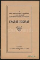 1913 A Beszterczebánya-hermándi helyi érdekű gőzüzemű vasutra vonatkozó engedélyokirat. Bp., 1913, Athenaeum. 30 p. Kiadói papírkötés, gerinc alján apró sérüléssel, borító alján apró sérüléssel és feljegyzéssel, utolsó lap részben felvágatlan, máskülönben jó állapotban. Ritka!