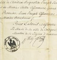 cca 1800 Köln, születési anyakönyvi kivonat másolat francia nyelven, rajta Johann Jakob von Wittgens...