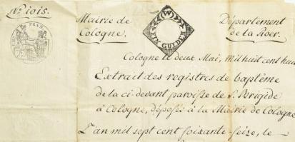 cca 1800 Köln, születési anyakönyvi kivonat másolat francia nyelven, rajta Johann Jakob von Wittgens...