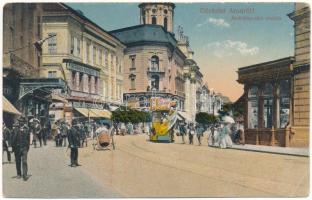 1918 Arad, Andrássy tér, emeletes autóbusz, Neumann M. ruhatelepe, Központi divatárúház, Fehér kereszt szálloda. Kiadja Kerpel Izsó / square, shops, hotel, double-decker autobus (EK)