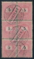 1889 5kr hatostömb, lemezösszefüggés / Mi 30 block of 6