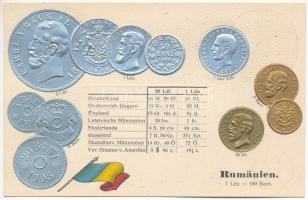 Rumänien - Münzenkarte / Románia - érmék és zászló. Dombornyomott / Romanian coins and flag. M.H. Berlin-Schbg. Embossed