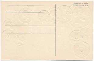 Rumänien - Münzenkarte / Románia - érmék és zászló. Dombornyomott / Romanian coins and flag. M.H. Be...