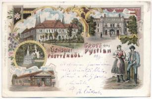 1898 (Vorläufer) Pöstyén, Piestany, Pistyan; Gyógyterem, Cs. és kir. katonai kórház, Úri utca, népviselet, szobor, A. Bernas üzlete és saját kiadása / spa, K.u.K. military hospital, street, statue, folklore, shop. Art Nouveau, floral, litho (EK)