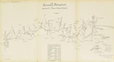 cca 1890 Marosludas-besztercei (erdélyi) helyi érdekű vasút vonaltérképe (Generelle Situation der Strecke: Marosludas-Bistritz), korabeli sokszorosítás, a térkép alatt táblázatban az állomások neveivel, Marosludas-besztercei (erdélyi) Helyi Érdekű Vasút Rt. igazgatósága bélyegzőjével, alatta két autográf aláírással (Molnár és olvashatatlan), 1:150.000, szakadásokkal, máskülönben jó állapotban, 34x63 cm / cca 1890 map of the railway Ludus-Bistrita in Transylvania, 1:150.000, with tears, 34x63 cm