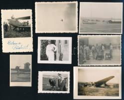 13 db vegyes fotó különféle repülőkről és repülős katonákról, 4×6 és 9×12 cm közötti méretekben