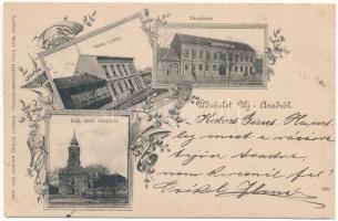 1902 Arad, Újarad, Új-Arad, Aradul Nou; zárda épület, városház, római katolikus templom. Mayr Lajos kiadása, Gammer György amateur felvétele után / nunnery, town hall, church. Art Nouveau, floral (kis szakadás / small tear)