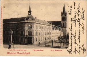 1902 Keszthely, Szentháromság szobor, főgimnázium, Római katolikus templom. Mérei Ignác kiadása (EK)