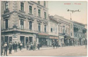 1914 Kassa, Kosice; Fő utca, gyógyszertár, Gutfreund Samu üzlete / main street, pharmacy, shops (szakadás / tear)