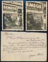 1943 Bajusz István csemegekereskedő budapesti boltjának (VIII. Baross utca 110.) kirakata, 2 db fotó, saját borítékjában, saját kézzel írt soraival, egyik fotó felületén törésnyomok, 8,5×6 cm