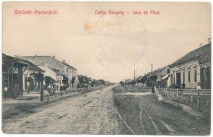 1909 Pankota, Pancota; Csiky Gergely utca és a Fő út, vasútállomás, üzletek. Menczer A. Adolf kiadása / street view, railway station, shops (fl)