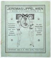 cca 1900-1910 Jeremias Lippel, Wien paróka katalógusa, gazdagon illusztrált, német és magyar nyelven, szecessziós borítóval, borító hátoldalán a cég telephelyeinek képeivel, borító kissé foltos, 21x11 cm. Ritka! / cca 1900-1910 Jeremias Lippel, Wien, wig and toupee catalogue, in German and Hungarian