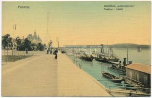 1909 Pozsony, Pressburg, Bratislava; Justisor kikötő, gőzhajó / Justilände Landungsplatz / port, steamship (EK)