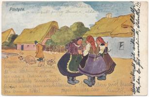 1909 Pöstyén, Piestany; népviselet, folklór / folklore art postcard. B.K.W.I. 918-5. (b)