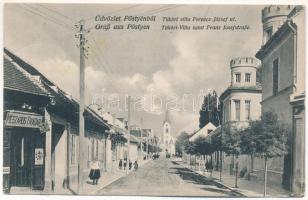 1916 Pöstyén, Piestany; Tüköri villa, Ferenc József út, Mészáros Tivadar üzlete / villa, street view, shop (Rb)