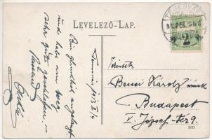 1913 Temesvár, Timisoara; Lloyd palota és tőzsde, villamos Turul Cipő reklámmal. Moravetz Testvérek ...