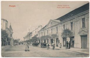 Pöstyén, Piestany; Ferenc József út, üzletek. Kaiser Ede kiadása / Franz Josef-Strasse / street view, shops (ragasztónyom / glue mark)