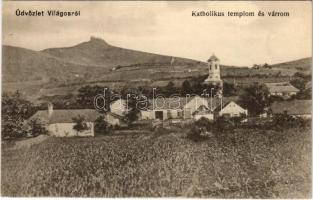 Világos, Siria; Katolikus templom és a várrom. Kerpel Izsó kiadása / Catholic church, castle ruins