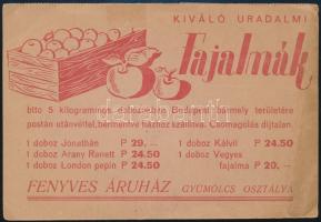 1944 A Budapest IX. kerületi Kálvin téri Fenyves Áruház kétoldalas reklámja, almák áraival