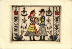 1937 Magyar népművész lap. Eredeti kézzel festett rézkarc / Hungarian folk art, original hand-coloured etching. Copyright by Dr. George Vajna & Co. (non PC) (EK)