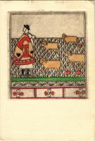 1937 Magyar népművész lap. Eredeti kézzel festett rézkarc / Hungarian folk art, original hand-coloured etching. Copyright by Dr. George Vajna & Co. (non PC) (EK)