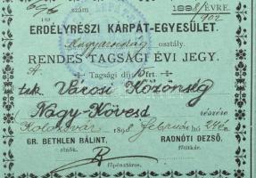 1898 Az Erdélyrészi Kárpát Egyesület rendes tagsági évi jegy Nagy-Kövesd város részére