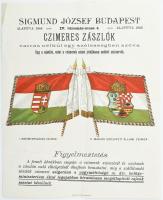 cca 1890 Sigmund József Budapest címeres zászlók gyára szép litografált reklám nyomtatvány, kétféle magyar címeres zászlóval 18x21 cm