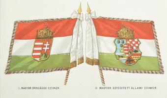 cca 1890 Sigmund József Budapest címeres zászlók gyára szép litografált reklám nyomtatvány, kétféle ...