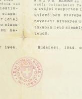 1944 Bp., a Svájci Követség által kiállított menlevél (Schutzpass) Reich Márton és családja részére,...