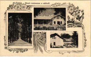 1938 Jolsva, Jelsava (Gömör); Hotel-restaurace u nádrazí / Vasúti szálloda és vendéglő, étterem / railway hotel and restaurant. Art Nouveau, floral (ázott sarkak / wet corners)