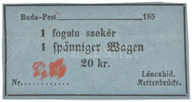 ~1850. 1 fogatú szekér - Lánczhíd bárca 20kr értékben, rajta 35 piros sorszámbélyegzéssel, kitöltetlen T:VF,F / Hungary / Budapest ~1850. 1 fogatú szekár - Lánczhíd (One-horse Wagono - Chain Bridge) token for 20 Kreuzer with 35 red serial number, empty C:VF,F