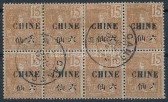 Kouang-Tchéou 1905 Mi 22 felülnyomott 8-as tömb lemezhibával / block of 8 with plate variety