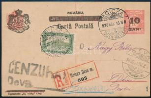 Kolozsvár 1920 Ajánlott expressz levelezőlap 80f kiegészítéssel, cenzúrázva / Registered express postcard with censorship mark, BOICZA / DÉVA MELLETT - Déva. Signed: Bodor